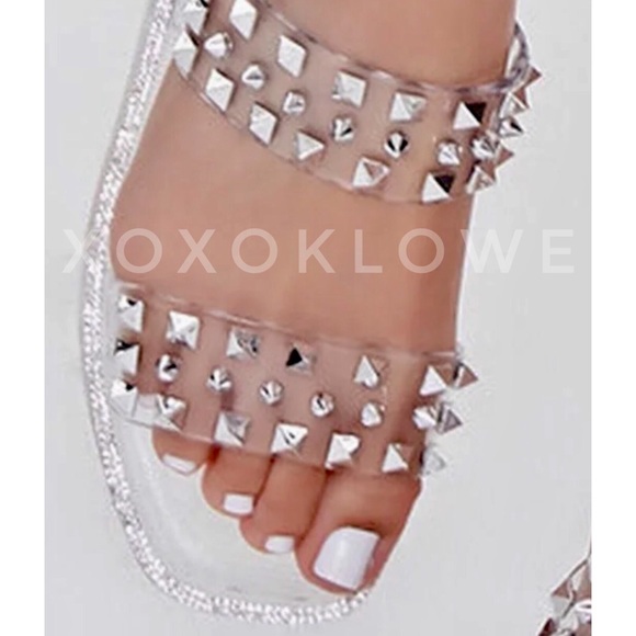 Clear Silver Stud & Rhinestone Jelly Sandal Slides - Picture 12 of 15